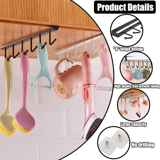 6PCS Mug Hooks Under Cabinet,Mug Holder Under Shelf,Coffee Cups Holder Hanger with 6 Hooks for Kitchen Utensils,Fit for 0.95 inch Thickness or Less,Drilling Free (White)