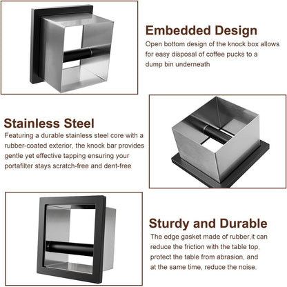 Bottomless Knock Box Espresso, Embedded Coffee Knock Box, Stainless Steel Countertop Espresso Grounds Container for Commercial Cafes Restaurants Home (5.44 x 5.91”)