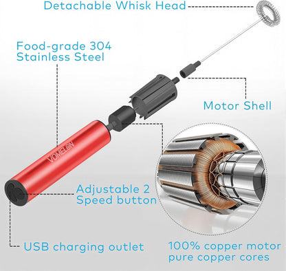 Rechargeable Milk Frother Handheld Electric Frother Wand Milk Foamer Drink Mixer for Coffee, Lattes, Cappuccino, and Egg, Stainless Steel for Travel-Rube Red
