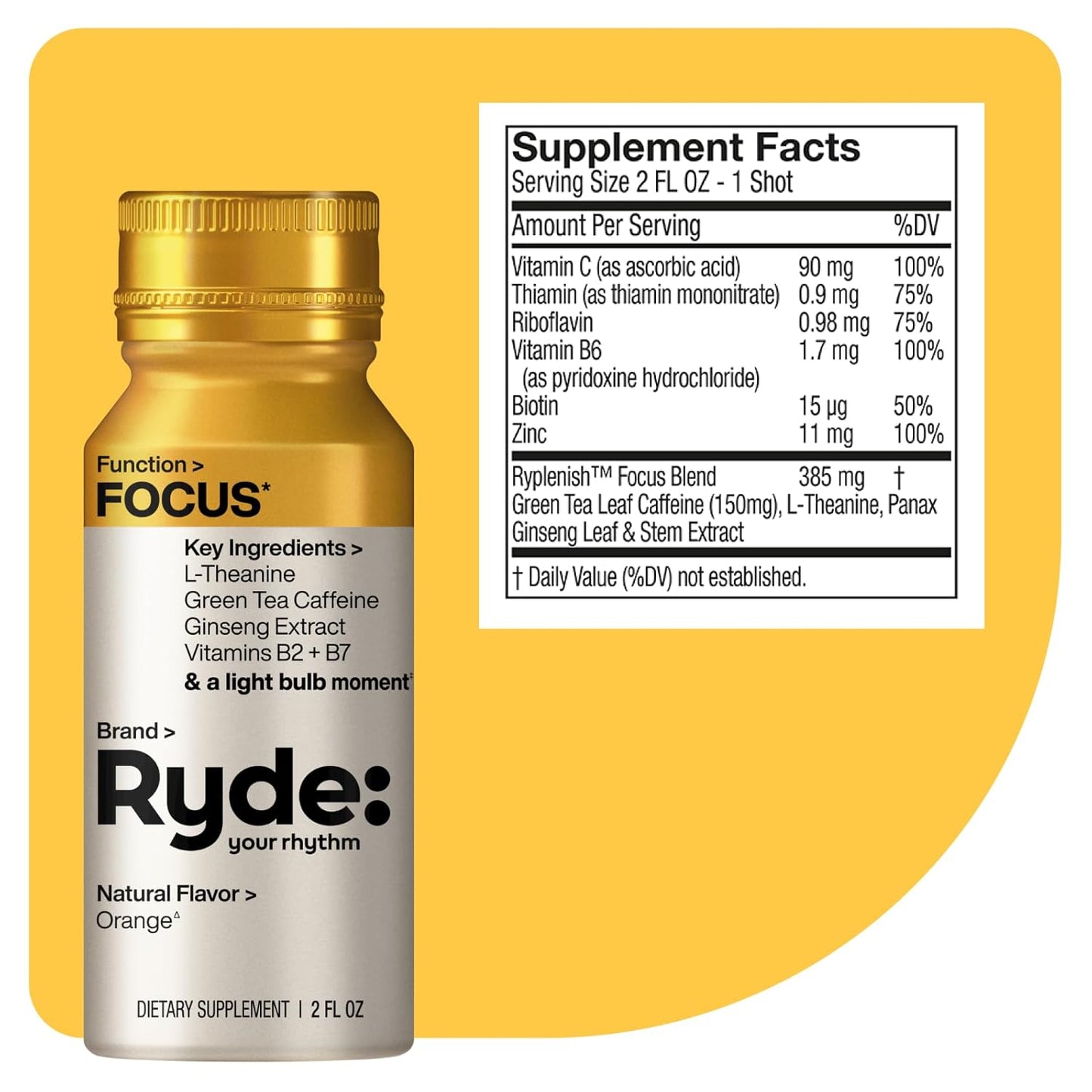 Ryde: Focus Shot | Orange Flavor | L-Theanine & Ginseng | Green Tea Caffeine | Vitamins B2 & B7 | 0 Calories, 0 Sugar | 2 FL OZ Shots | Supports Focus* (8 Pack)