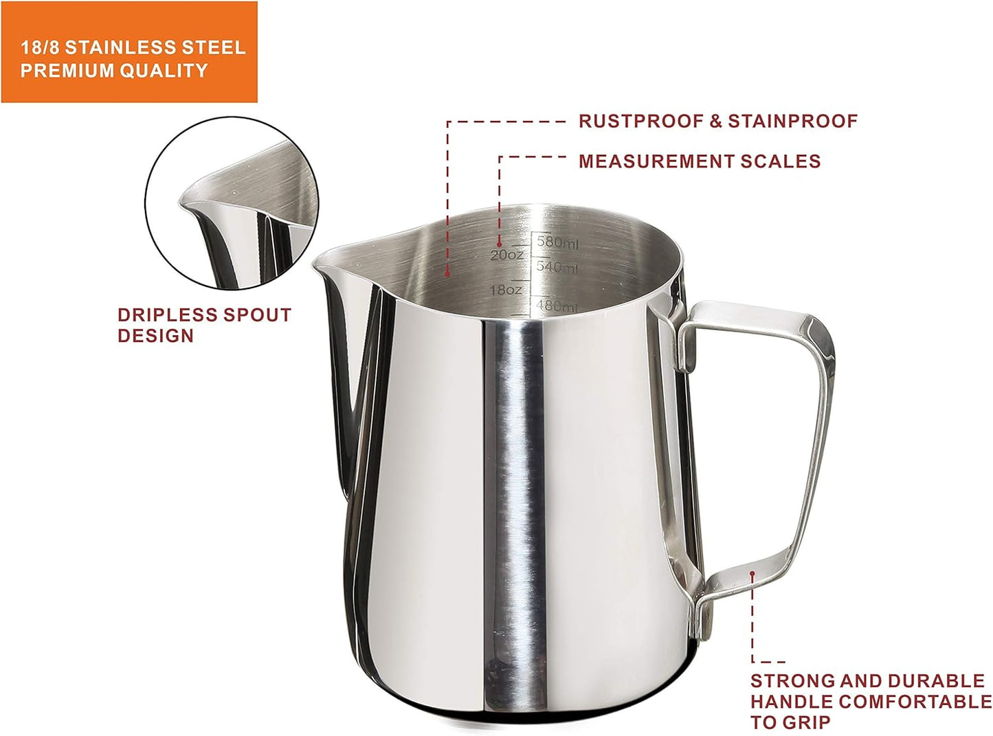 Stainless Steel Milk Frothing Pitcher - 20oz, Perfect for Latte Art, Steam Pitcher with Measurement Scale