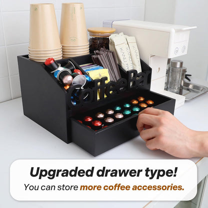 Coffee Bar Organizer for Countertop - Wooden Coffee Organizer Station, Coffee Station Organizer for Home & Office, K Cup Stand for Counter, Coffee and Tea Organizer - Black Drawer Type