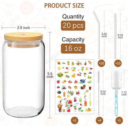 16 OZ Glass Cups with Lids and Straws, 20 Set Can Beer Glass Cups with Bamboo Lids Cute and Reusable Drinking Glasses with Lid Ice Coffee Glasses Great for Beer, Cocktail, Tea and Latte