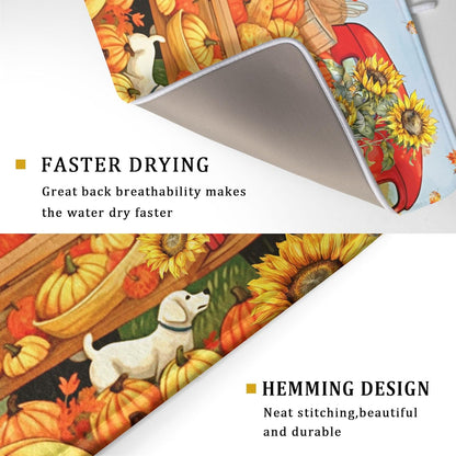 Autumn Pumpkin Red Truck Dish Drying Mat for Kitchen Counter,Fall Leaves Sunflower Cue Dog Harvest Drying Mat 18 x 24 Inch Microfiber Dish Drying Pad Dish Rack Drainer Mat for Coffee Bar