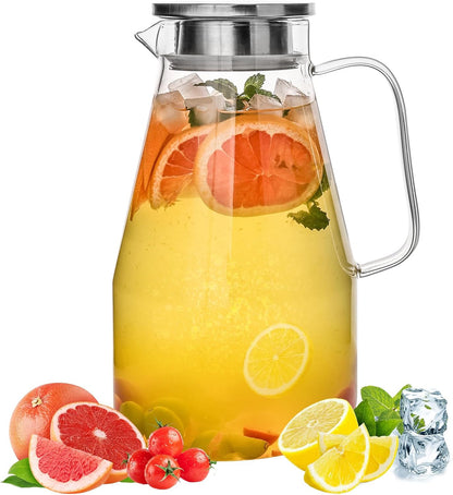 Glass Pitcher with Lid,1 Gallon Glass Water Pitcher Hot/Cold Water Jug, Juice and Iced Tea Beverage Carafe with Lid (Extra-Wide Mouth)