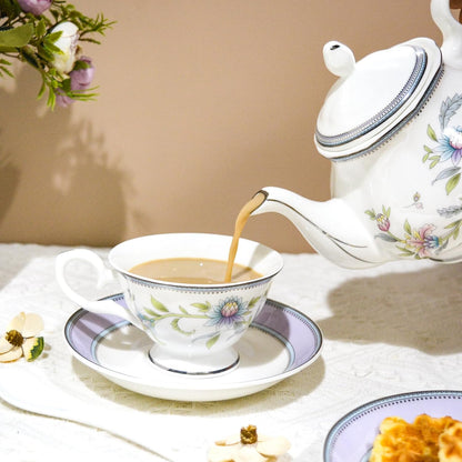 Bone China Tea Set, 21-Pieces Porcelain Tea Set for Adults, Tea Cups And Saucers for 6, with Teapot, Spoons, Sugar Bowl, Creamer Pitcher, Vintage Tea Set for Women Tea Party (Purple)