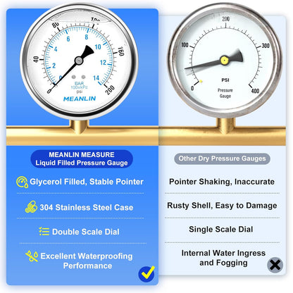 MEANLIN MEASURE 0~200Psi Stainless Steel 1/4" NPT 4" FACE DIAL Liquid Filled Pressure Gauge WOG Water Oil Air Back Mount, with 1/4" x 1/2" NPT and 1/4" x 3/8" NPT Hex Bushing