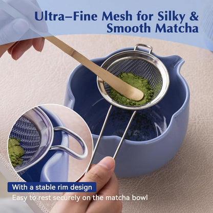 Matcha Set, 8Pcs Floral Ceramic Matcha Set with Matcha Whisk, Holder, Scoop, Scoop Rest, Sifter, Spoon and Tea Towel - Thoughtful Matcha Whisk Set Gift for Matcha Lovers (Blue)