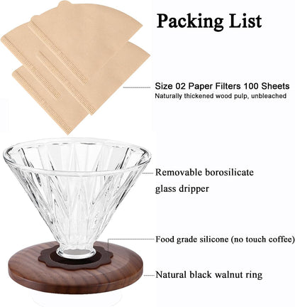 Glass Coffee Dripper with 100 pcs of Size 02 Paper Filter, Borosilicate Glass & Walnut Collar, Pour Over Coffee Maker, 1-3 Cups, Clear