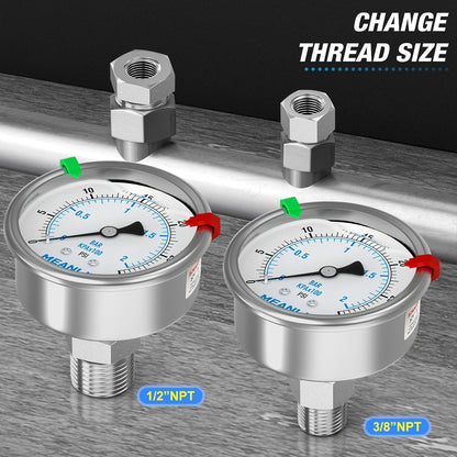 MEANLIN MEASURE 0~30Psi Stainless Steel Liquid Filled Pressure Gauge 2.5" FACE DIAL 1/4" NPT for Pool Sand Filter Water Oil Air Pressure Test Back Mount with Stainless Steel Hex Bushing and Snaps