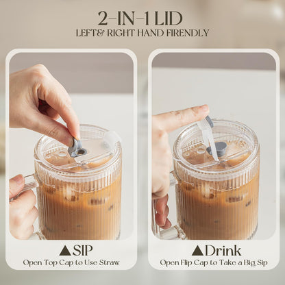 KEMORELA 2-Pack 24 Oz Ribbed Glass Tumblers with Lids and Straws, Handle Iced Coffee Cups, Clear Reusable Drinkware for Smoothies, Cold Beverages - Dishwasher Safe