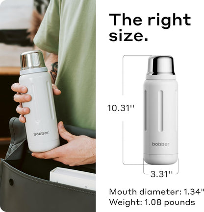 BOBBER 26 oz Stainless Steel Travel Thermos for Hot Drinks – Dishwasher Safe Metal Water Bottle with Cup Lid for Men, Hiking, Travel – Keeps Hot for 36 Hours – BPA-Free, Vacuum Insulated (Iced Water)