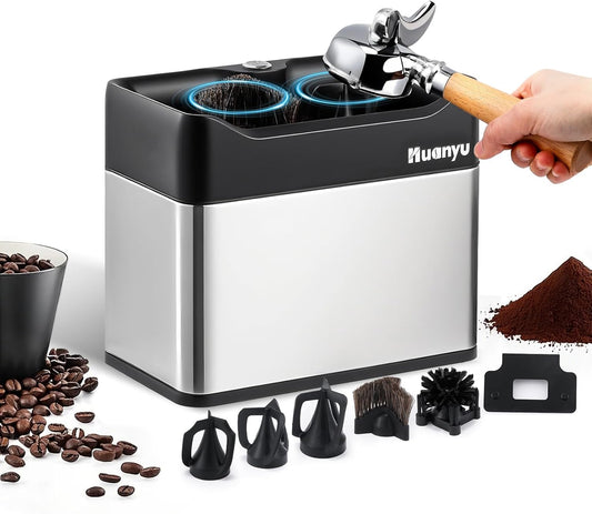 Huanyu Portafilter Cleaner Electric, 3L with Dual Brush Heads, 3 Scrapers for 58mm and 51mm Portafilters, Automatic Coffee Grounds Cleaning Machine