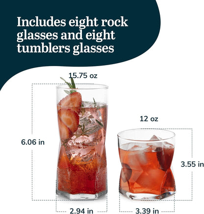 Libbey Rhombus Tumbler and Rocks Drinking Glasses Set of 16, Fun Geometric Glass Cups Set, Kitchen Glasses Set for Cocktails, Water, and Everyday Use