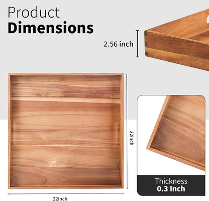 22-INCH Huge Ottoman Tray for for Living Room Large Wood Trays for Ottoman Square Wooden Serving Trays with Handles Decorative Trays for Party, Food Serving, Breakfast, Dinner, Coffee Tea, Appetizers