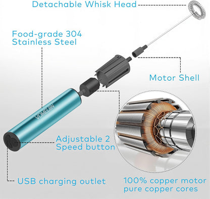 Rechargeable Milk Frother Handheld Electric Frother Wand Milk Foamer Drink Mixer for Coffee, Lattes, Cappuccino, and Egg, Stainless Steel for Travel-Light Blue