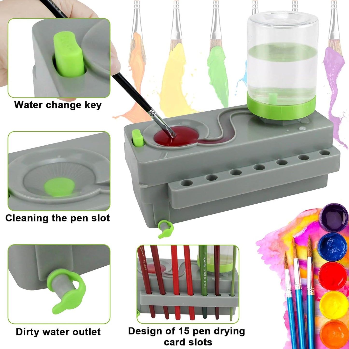 Brush Rinser Set Paint Cleaning Tools Makeup Brush Cleaner Machine, Paint Brush Cleaner Brush Rinser Running Water Circulation Paint Brush Cleaner (Grey Green)