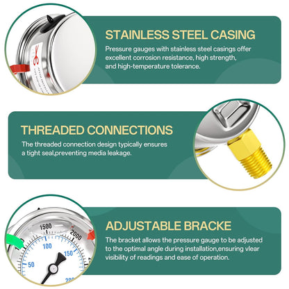 0-3000psi Stainless Steel 1/4" NPT 2.5" Dial, Glycerin Liquid Filled Pressure Gauge Lower Mount Designed for Pressure Testing of Water, Oil and Air (with Range Mark Pointer)
