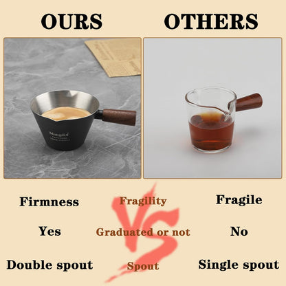 Mongdio Espresso Measuring Cup, Stainless Steel Espresso Shot Cups with Wooden Handle and Double Spouts, 3.4OZ/100ML, Black