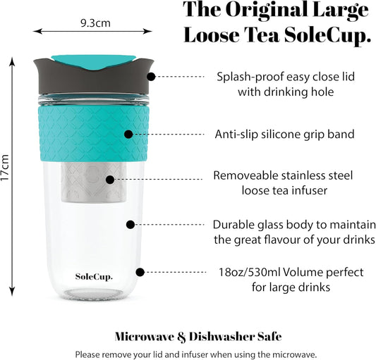 Large Travel Mug Loose Tea Infuser - Detachable Tea Strainer with Spill Proof Lid - 18oz/530ml BPA-Free Reusable Glass Travel Coffee Cup with Silicone Band (Grey and Blue)