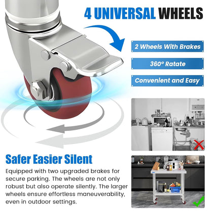 Stainless Steel Table for Prep & Work with 4 Caster Wheels with Backsplash 24 x 30 NSF Metal Commercial Kitchen Adjustable Under Shelf Worktable for Restaurant Home Outdoor