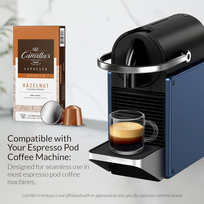 Camilla’s Heritage - Intensity 8 Hazelnut Flavored Espresso Coffee, Gourmet Espresso Cups, 60 Coffee Pods