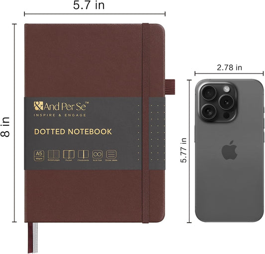 &And Per Se Dotted Journal Notebook, A5 Hardcover Bullet Dotted Journal, 160 Pages 100 gsm Thick Dotted Paper, 3 Sheets of Stickers Included - 5.7'' x 8''（Chocolate）