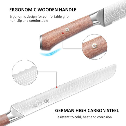 YOTSUBA 10" Bread Knife, Serrated Knife for Homemade, High Carbon Stainless Steel Serrated Bread Knives with Ergonomic Wood Handle, Professional Bread Cutting Knives for Homemade Bread with Gift Box