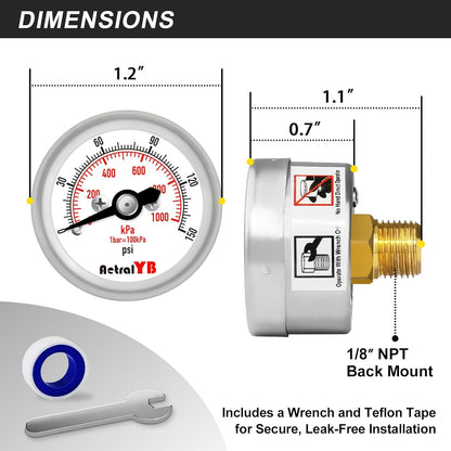 150Psi/1000Kpa Mini Pressure Gauge,Stainless Steel Housing,Brass Internal,1.2 Inch Dial,NPT 1/8" Back Mount,Dry Type, Lead-Free Material,for Air,Water,Oil Pressure Test