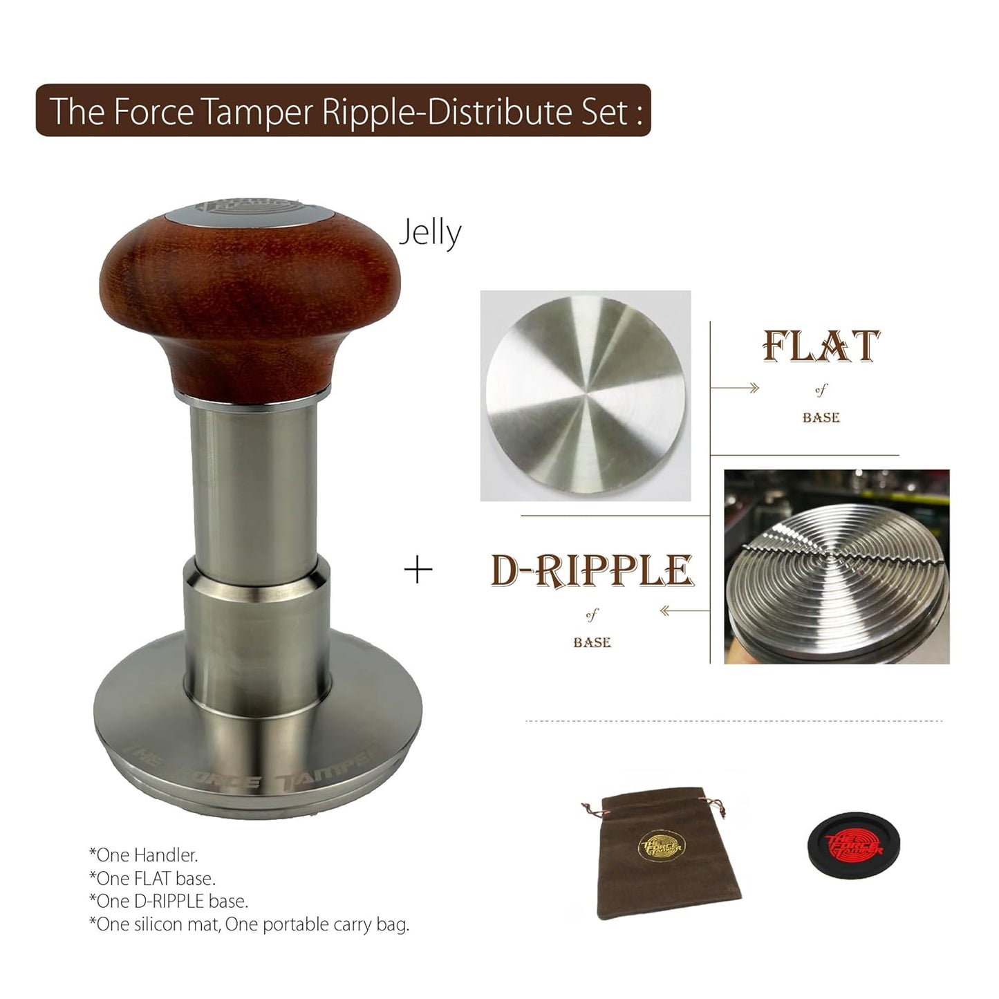 The Force Tamper Automatic Impact Adjustable Constant Pressure and Autoleveling Coffee Tamper Reddish Brown Jellyfish Wooden Handle Set Pro (Ripple-Distribute Set, 53.50mm)