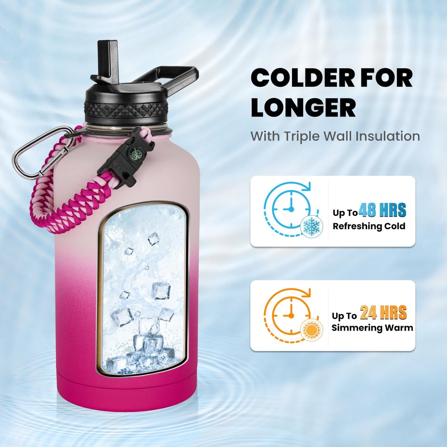 Insulated Water Bottle 64 oz, Triple Wall Vacuum Stainless Steel (Cold for 48 Hrs), Leak Proof & Non-BPA, Half Gallon Water Flask Jug with Paracord Handle & Straw Spout Lids, Ombre Pink