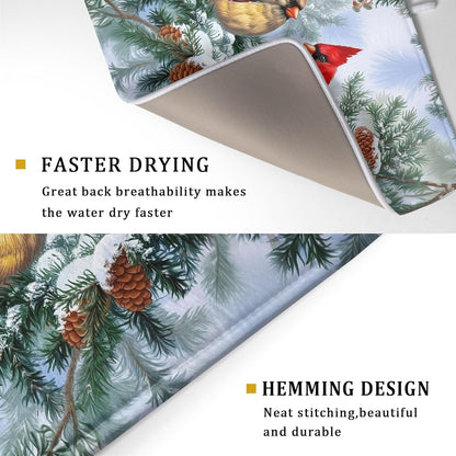 Winter Red Cardinal Bird Dish Drying Mat for Kitchen Counter,Holly Berry Branches Xmas Snowflake Cabin Drying Mat 18 x 24 Inch with High Absorbent Microfiber Drainer Mat for Coffee Bar