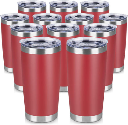 20 oz Tumbler Stainless Steel Tumblers Bulk with Lid Double Wall Insulated Coffee Tumbler Cups for Hot & Cold Drinks Powder Coated Travel Coffee Tumbler Mug Metal (Red, 12 pack)
