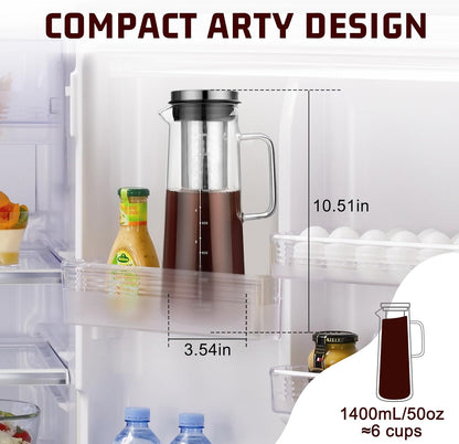 Cold Brew Coffee Maker, 1.4L/48oz Slim Borosilicate Glass Pitcher with Stainless Steel Filter, Fit Fridge Door, Dishwasher Safe & Airtight Lid, Mannual Included, Iced Tea & Fruit Infuser