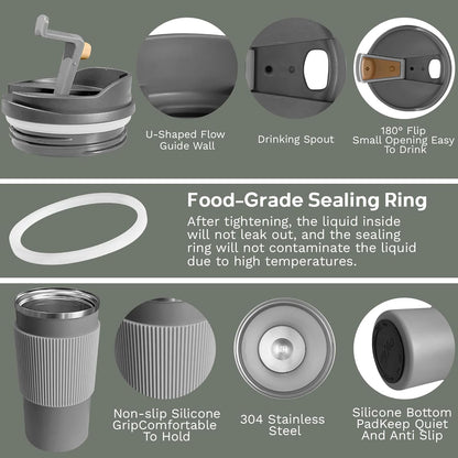YINBAOGE Insulated Travel Coffee Mug Spill Proof Leak Proof Pobtable To Go Camping Stainless Steel Coffee Tumbler Reusable Coffee Cups with Lids Thermos for Hot and Cold Drink (4th-Gray, 15OZ)