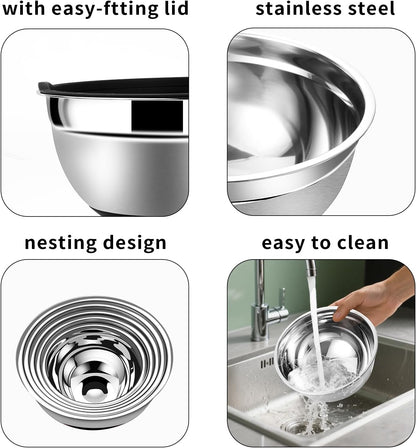 Lazycorner Mixing Bowls with Airtight Lids Set 5 Pcs Stainless Steel Bowls Set Baking Set Non-Slip Silicone Bottoms Great for Serving & Baking