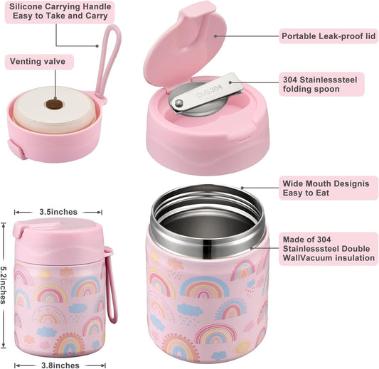 17oz Soup Thermo for Hot Food Kids,Insulated Food Jar with Spoon,Thermo Hot Food Lunch Container,Wide Mouth Leakproof Stainless Steel Lunch Box for School-Rainbow
