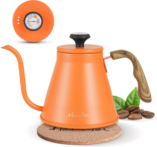 Harriet Gooseneck Kettle with Thermometer for Pour Over Coffee and Tea, 37 fl oz, Stainless Steel, Durable 3-Layer Base, Ideal Spout for Precision Pouring, Compatible with all Stove Tops, Orange