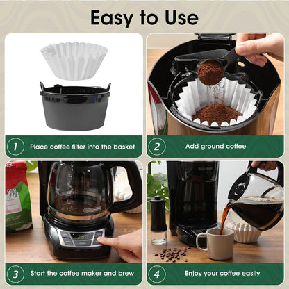 Basket Coffee Filters 8-12 Cup, 100 Count Flat Bottom Paper Filters for Drip Coffee Makers, Compatible with Mr. Coffee, BLACK+DECKER, Cuisinart, White