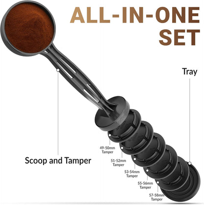 Koffee Zen Espresso Tamper Set, 5 Interchangeable Sizes (49–58mm), Dual Coffee Scoop (1 & 2 TBSP), Fits Select Breville, De’Longhi & More Models