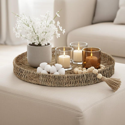 Round Ottoman Tray Large Wicker Serving Tray with Handles for Coffee Table, 18 Inch Handwoven Natural Seagrass Tray