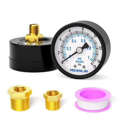 MEANLIN MEASURE 0-15Psi 2" DIAL FACE 1/8" NPT Well Pump Pressure Gauge, with 1/4" NPT and 3/8" NPT Hex Bushing, 3-2-3% Accuracy, Center Back Mount