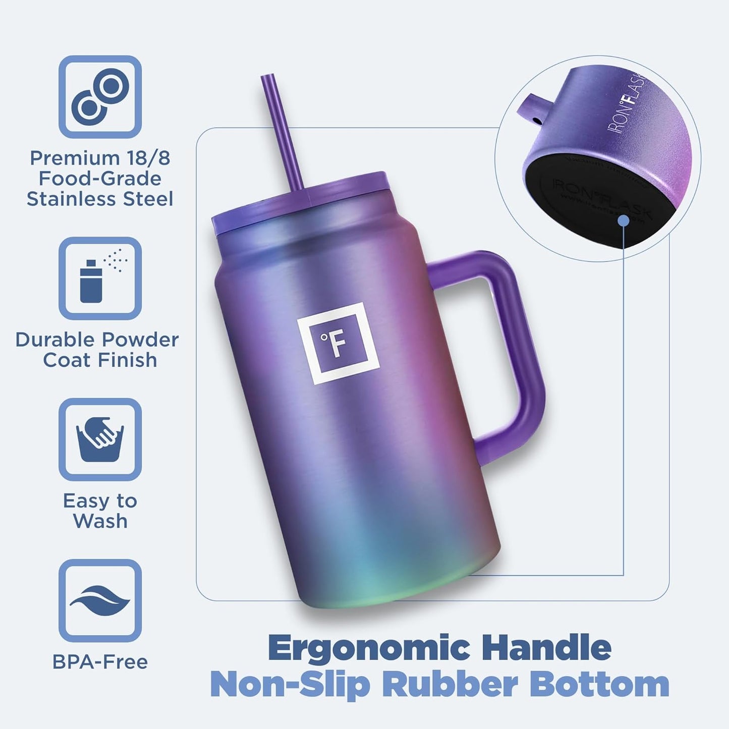 IRON °FLASK Co-Pilot Insulated Mug w/Straw & Flip Cap Lids - Cup Holder Bottle for Hot, Cold Drink - Leak-Proof - Water, Coffee Portable Travel Mug - Cobalt Blue, 50 Oz