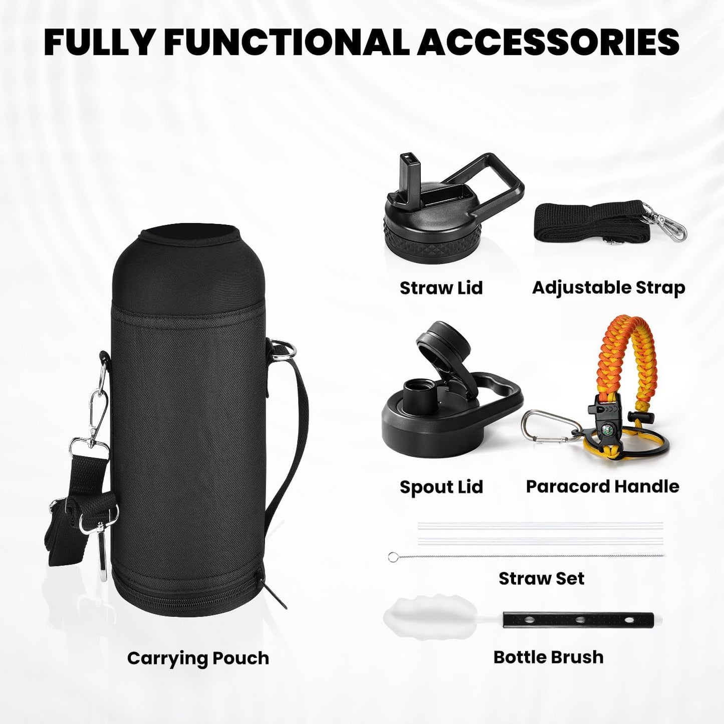 Insulated Water Bottle 40 oz, Triple Wall Vacuum Stainless Steel (Cold for 48 Hrs), Leak Proof & Non-BPA, Modern Water Flask Jug with Paracord Handle & Straw Spout Lids, Ombre Orange