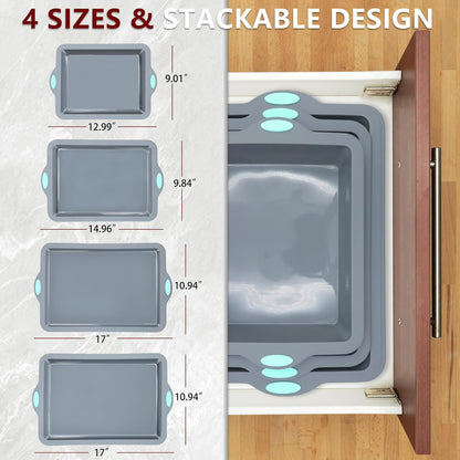 To encounter Silicone Baking Pans Set, 4 Pieces Nonstick Bakeware Set with Baking Pans, Baking Sheets, Cookie Sheets, Cake Pan with Metal Reinforced Frame More Strength, Light Grey
