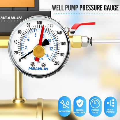 MEANLIN MEASURE 0-200Psi 2" DIAL FACE 1/4" NPT Well Pump Pressure Gauge with 1/2" NPT and 3/8" NPT Adaptor, 3-2-3% Accuracy,with Red Pointer Center Back Mount