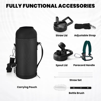 Insulated Water Bottle 40 oz, Triple Wall Vacuum Stainless Steel (Cold for 48 Hrs), Leak Proof & Non-BPA, Modern Water Flask Jug with Paracord Handle & Straw Spout Lids, Dark Green
