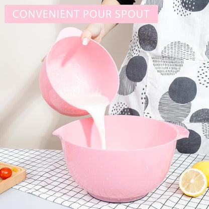 BoxedHome 4 Quart Large Plastic Mixing Bowls, Microwave Safe Mixing Bowl Set with Pour Spout, Nesting Bowls for Space Saving Storage(Fading Rose)