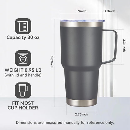 30 oz Tumbler with Handle and Lid, Stainless Steel Tumblers Double Wall Vacuum Insulated Travel Mug Leak Proof Cup Keep Drinks Cold and Hot Grey, 1 Pack