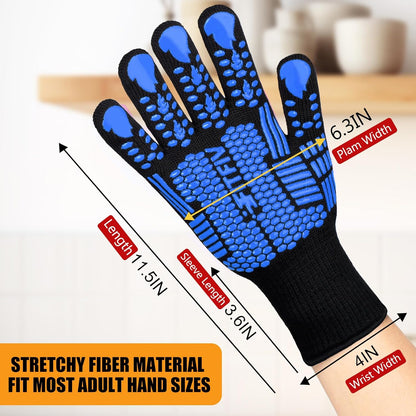 BBQ Gloves, Oven Gloves, Extreme Heat Resistant Barbecue Gloves, Silicone Non-Slip Oven Mitts, Kitchen Gloves for Cooking, Grilling, and Baking (Blue)